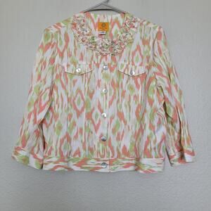 Ruby Rd. Women's Button-Up Top 14P White and Pink Linen Long Sleeves Ruffle Neck